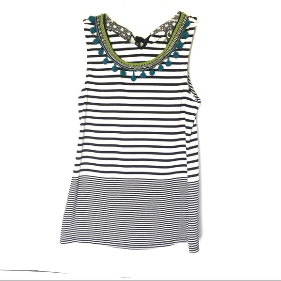 One September Striped Blue White Pom Pom Tank Top - Picture 1 of 7